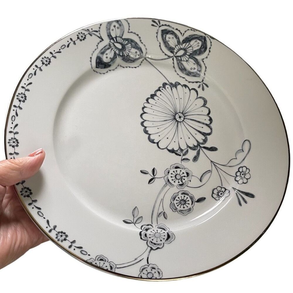 Fine Porcelain Dinnerware Portugal dinner plate .Blue floral silver trimmed